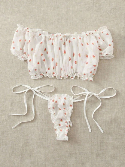 Sexy Lingerie Lace See-through Sexy Mesh Heart Printing Sexy Sleepwear Suit