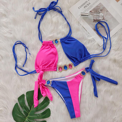 Baizi Crystal Diamond Bikini Sexy Patchwork Strap Women Split Swimsuit