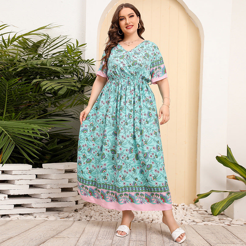 Plus Size Women Loose V neck Dress High Waist Dress Seaside Vacation Beach Dress