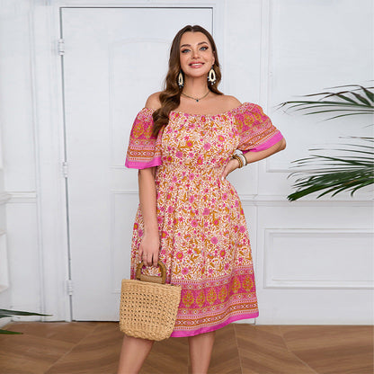 Plus Size Women Clothing Short Sleeve Bohemian Dress Holiday Beach Dress Summer