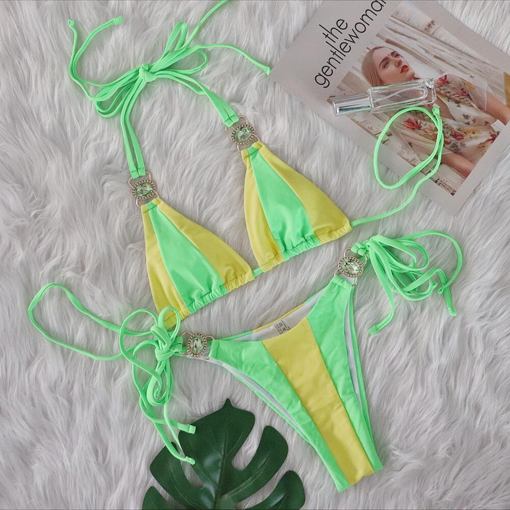 Sexy Crystal Diamond Bikini Solid Color Patchwork Bandage Swimsuit Vacation Split Women Swimsuit