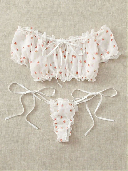 Sexy Lingerie Lace See-through Sexy Mesh Heart Printing Sexy Sleepwear Suit
