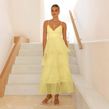 Sexy Backless Spaghetti Straps Cake Pleated Lace up Evening Party Dress Slim Fit Dress Women
