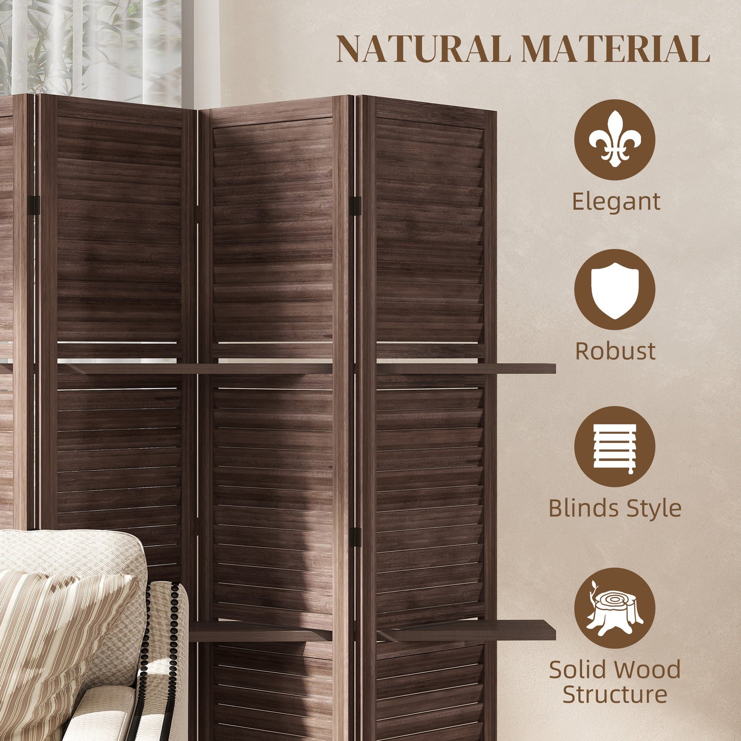 5 Panel 67" Tall Wood Privacy Screen Room Divider with 3 Shelves and Folding Storage for Bedroom, Walnut