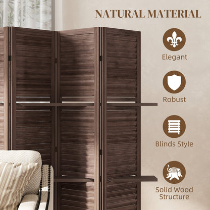 5 Panel 67" Tall Wood Privacy Screen Room Divider with 3 Shelves and Folding Storage for Bedroom, Walnut