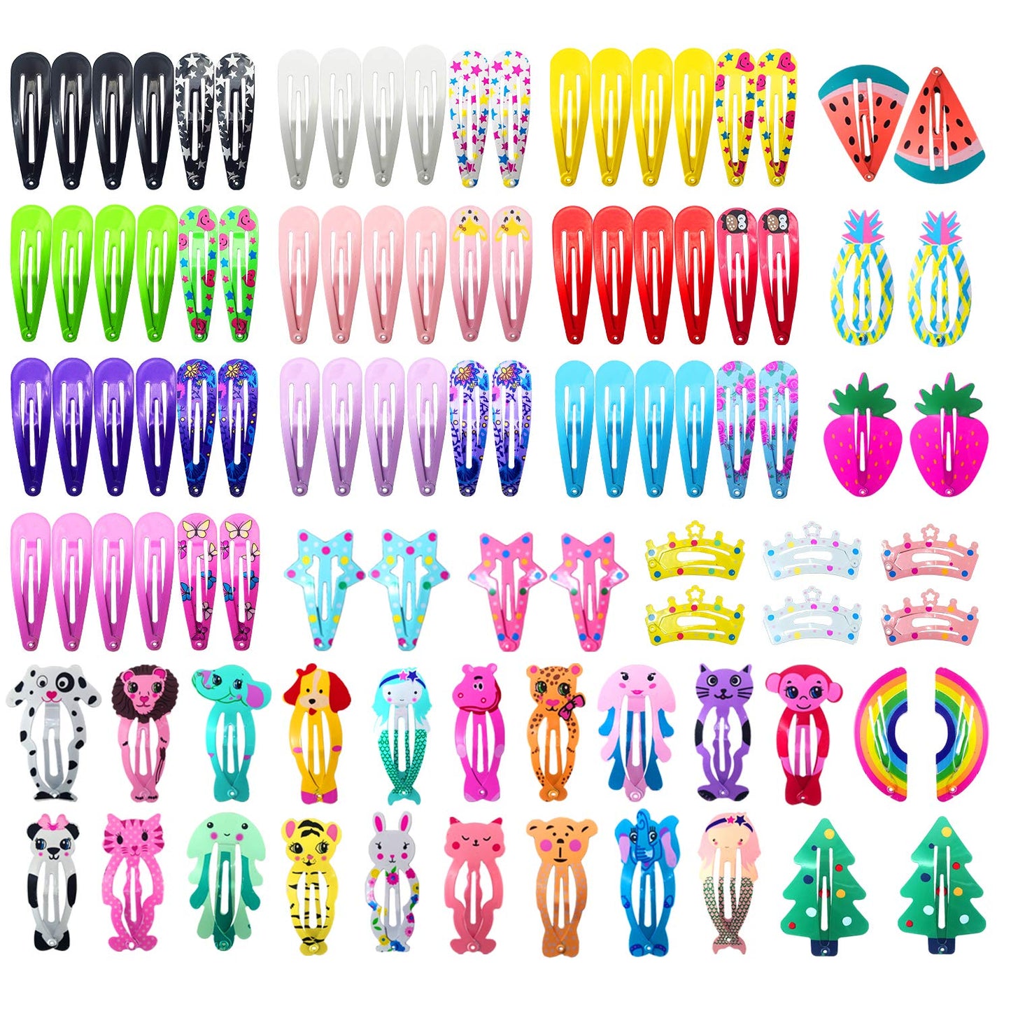 Hair Clips For Girls,100 Pcs No Slip Metal Snap, Barrettes For Kids Teens Women, Cute Candy Color Cartoon Design Hair Pins Animals Fruits Crowns Stars