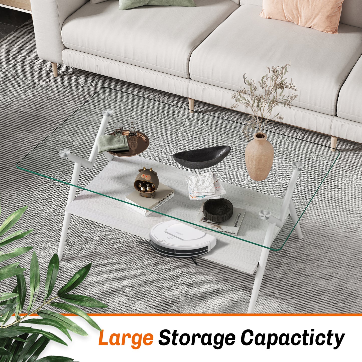 Rectangle Coffee Table With Tempered Glass Top And White Metal Legs, Modern Table For Living Room , Transparent Glass