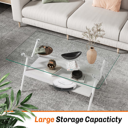 Rectangle Coffee Table With Tempered Glass Top And White Metal Legs, Modern Table For Living Room , Transparent Glass