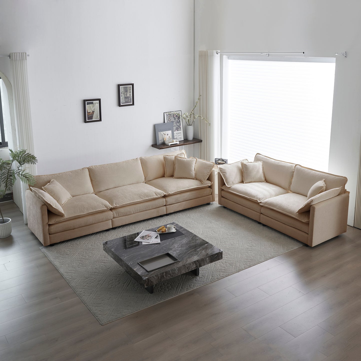 Sofa Set Of 2 Chenille Couch, 2-3 Seater Sofa Set Deep Seat Sofa, Modern Sofa Set For Living Room, Beige Chenille