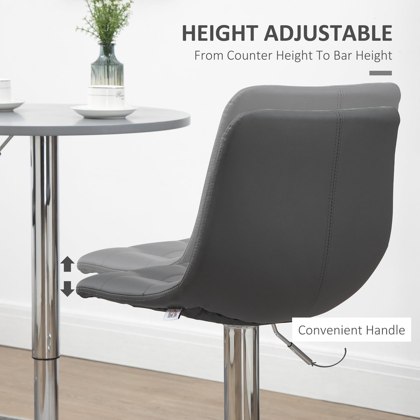 Adjustable Bar Stools Set Of 2, Swivel PU Leather Upholstered Barstools With Tufted Seat And Back, Breakfast Bar Chairs For Kitchen Counter, Grey