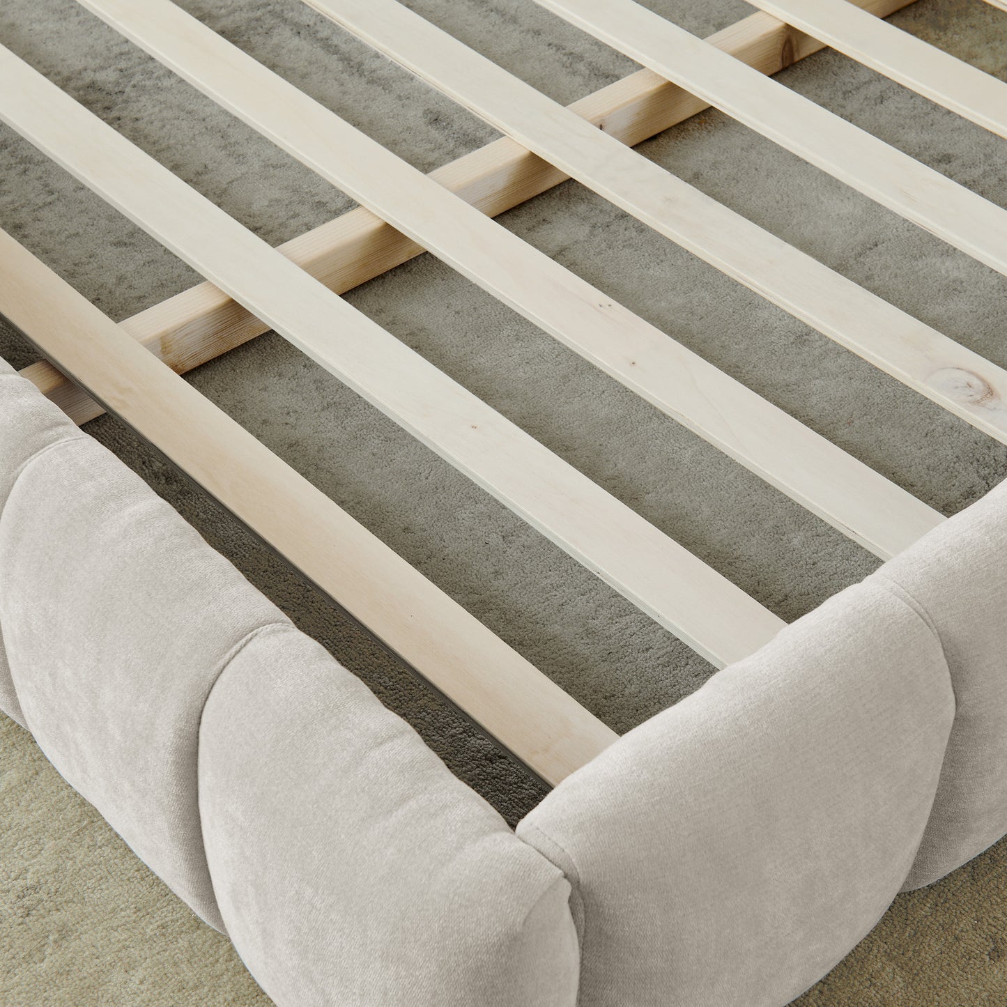 King Size  Upholstered Bed Frame With Thick Fabric, Chenille Fabric Grounded Queen Size Platform Bed With Headboard And Solid Frame. No Box Spring Needed-Beige 88.5x85.5x24