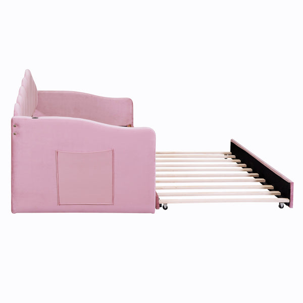 Twin Size Upholstered Daybed With Trundle ,Velvet Sofabed With USB Charging Ports,No Box-spring Needed,Pink Old SKU HL000067AAH