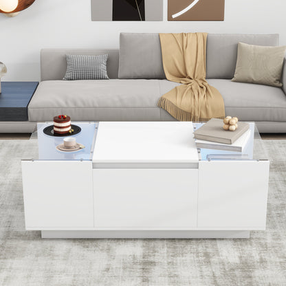 U-Can Led Coffee Table, Modern Center Table With High-Gloss Finish And Glass Tabletop, Coffee Table With Open Storage Compartment And 2 Hidden Drawers  For Living Room