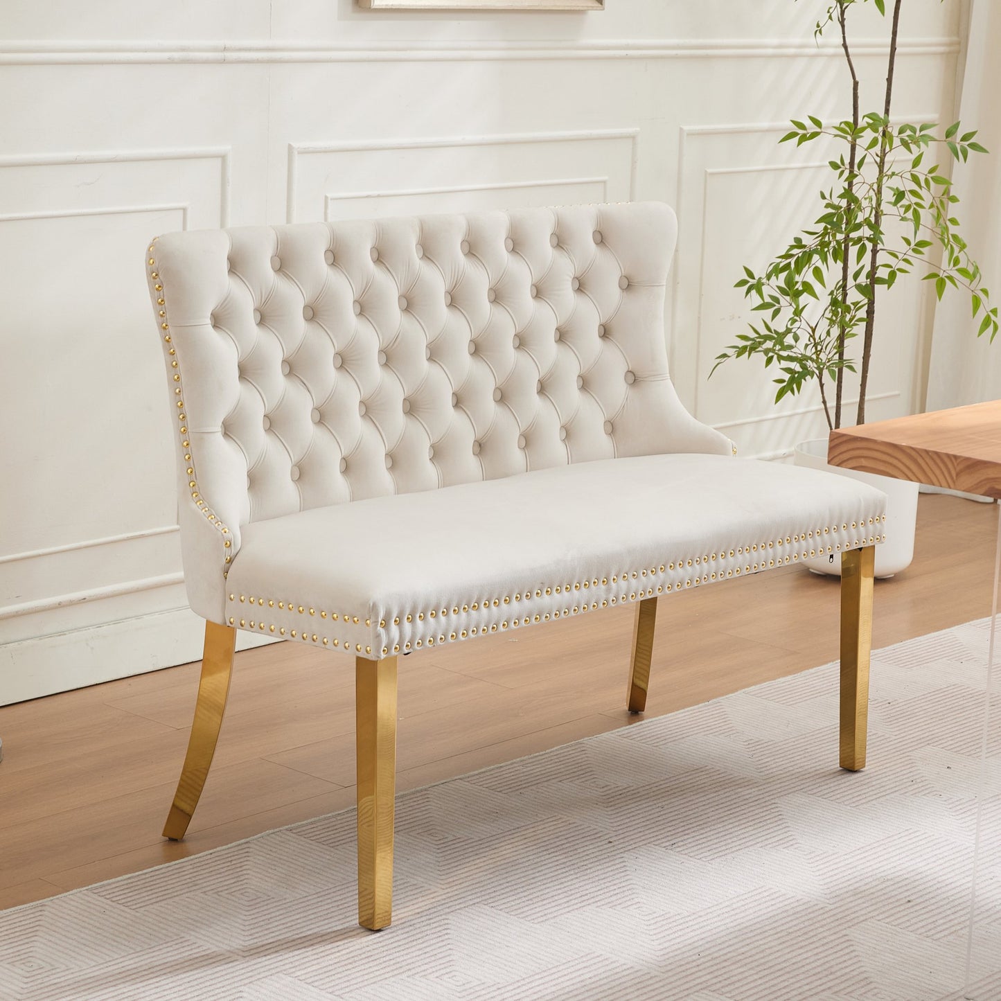 Velvet Double Dining Loveseat Bench, Kitchen & Dining Seating, 2-Seat Tufted Bench W Handmade Buttons, Wing Back, Gold-Plated Steel Legs, Mid Century Modern,Single Pack,Beige