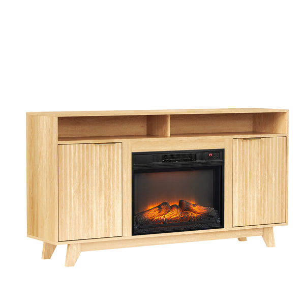 Oak Fireplace TV Stand With 23 Inch Insert, Double Grid Doors, Gold Handles & 2 Shelves, Media Console 58 X 13.6 X 32 Inch