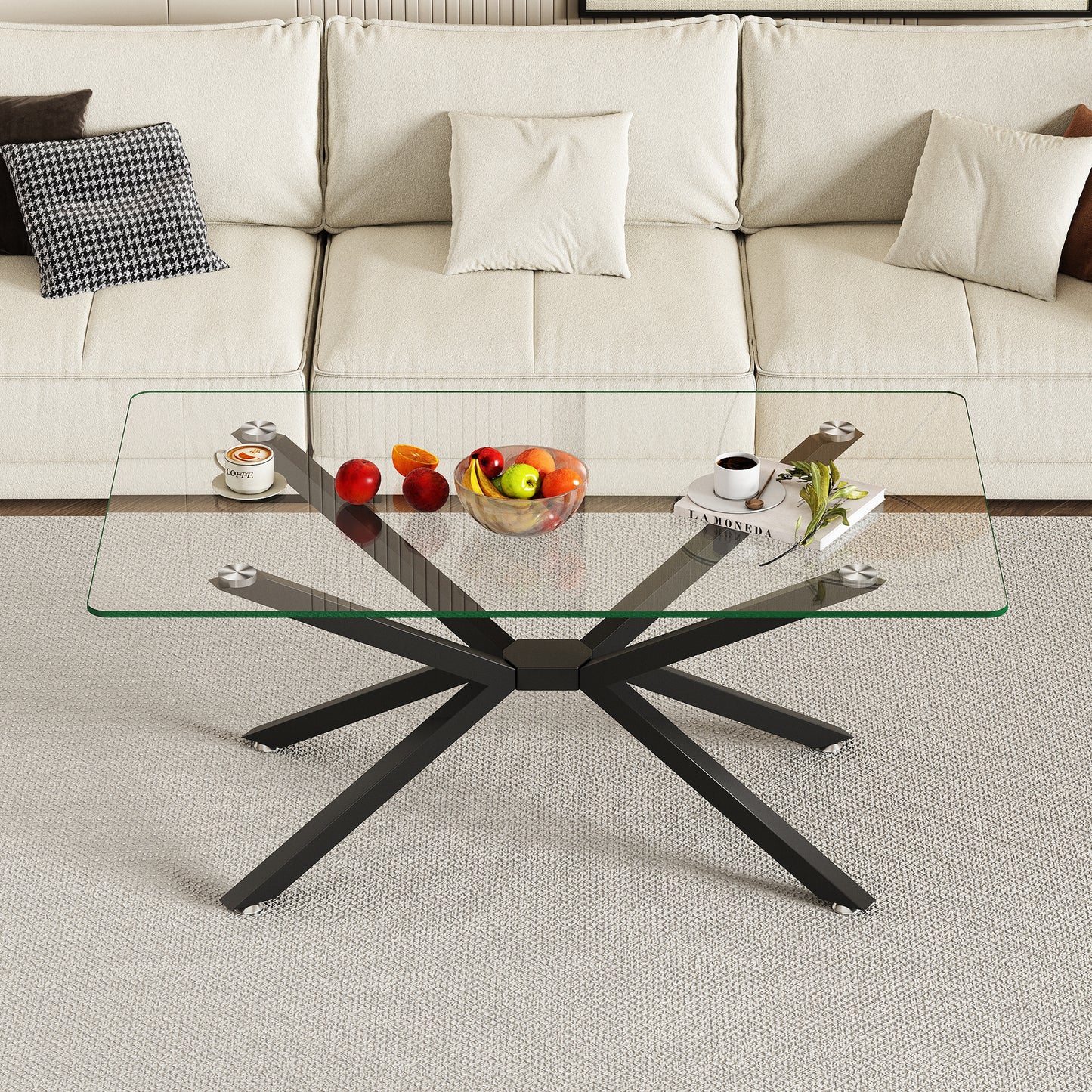 39.37  Rectangular Clear Tempered Glass Coffee Table,Stylish Design With Black Metal Legs, Coffee Table For Living Room