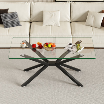 39.37  Rectangular Clear Tempered Glass Coffee Table,Stylish Design With Black Metal Legs, Coffee Table For Living Room