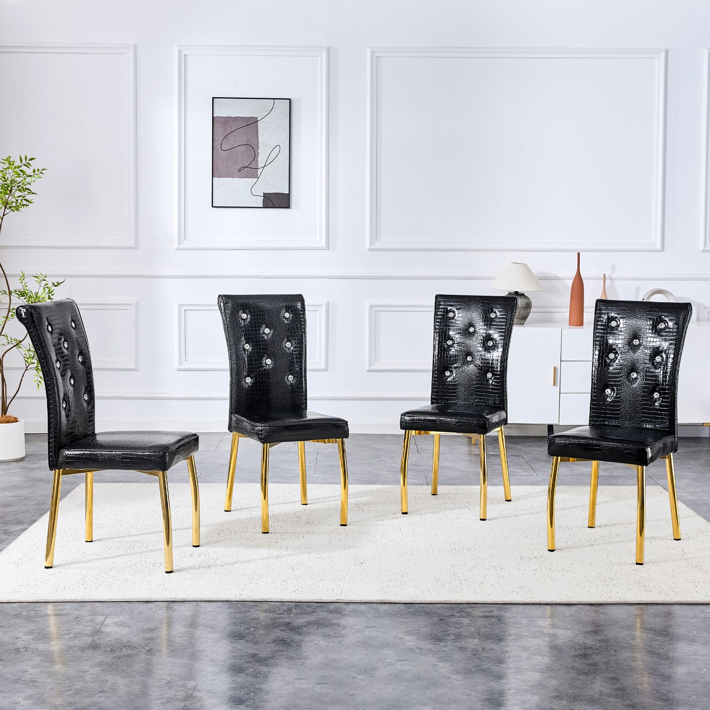 Set Of 4,Retro Alligator Skin Upholstered Dining Chairs,with Crystal Buckle Design And Faux Leather Design,a Touch Of Elegance And Mystery To The Dining Area.Gold Plated Metal Feet
