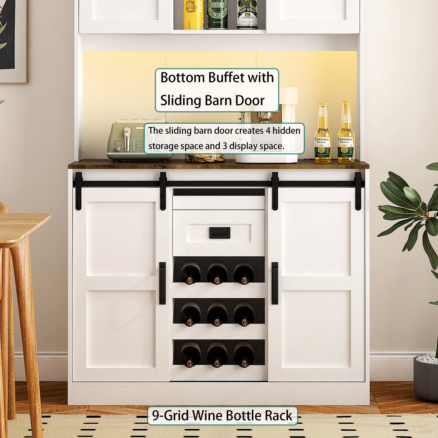 Farmhouse Bar Cabinet With Sliding Barn Door, Large Kitchen BuffetRustic Coffee Bar Sideboard Table,White