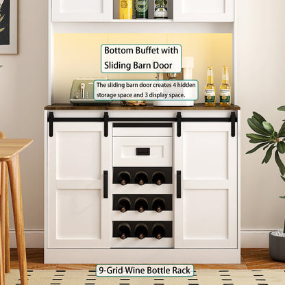 Farmhouse Bar Cabinet With Sliding Barn Door, Large Kitchen BuffetRustic Coffee Bar Sideboard Table,White