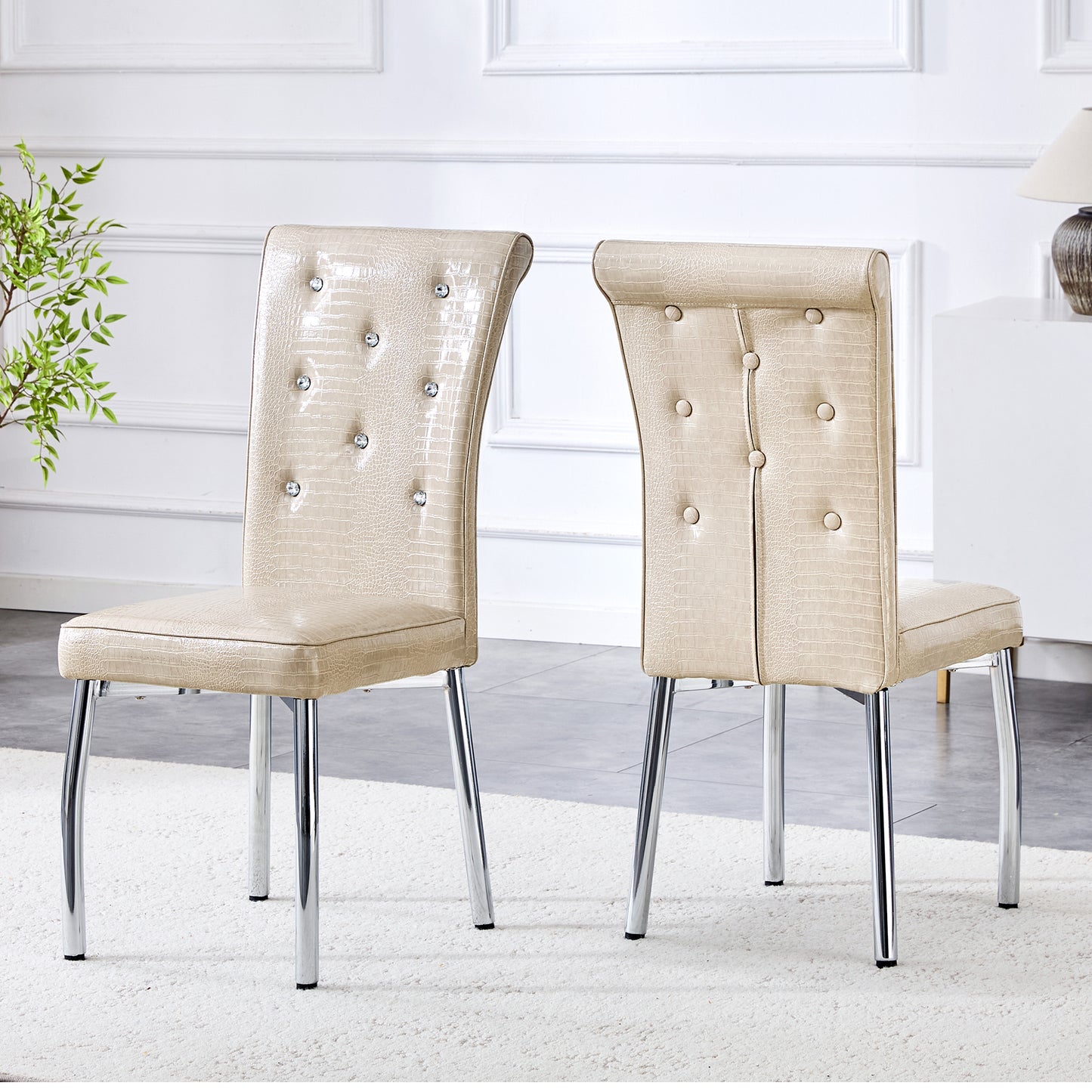 A Set Of 2 Beige And Silver Vintage Crocodile Leather Cushioned Dining Chairs, Featuring Crystal Clasp Design And Artificial Leather Design, Adding A Touch Of Elegance And Mystery To The Dining Area