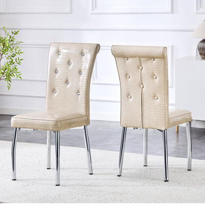 A Set Of 2 Beige And Silver Vintage Crocodile Leather Cushioned Dining Chairs, Featuring Crystal Clasp Design And Artificial Leather Design, Adding A Touch Of Elegance And Mystery To The Dining Area
