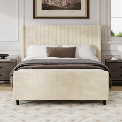 50.7'' High Headboard Corduroy Upholstered Bed Frame With Vertical Stripe Wingback And High Footboard No Box Spring Needed, Queen Size, Cream