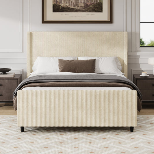 50.7'' High Headboard Corduroy Upholstered Bed Frame With Vertical Stripe Wingback And High Footboard No Box Spring Needed, Queen Size, Cream