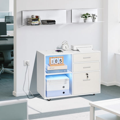 3 Drawer Wooden File Cabinet Mobile Filing Cabinet With Light Strip White
