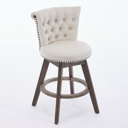 26 Counter Height Bar Stools Set Of 2, 360 Swivel Stools With Back  Hand - Tufted Button - Trimmed Edges, Upholstered Velvet Kitchen Counter Stools On Wood Legs,Beige,SW1868BG