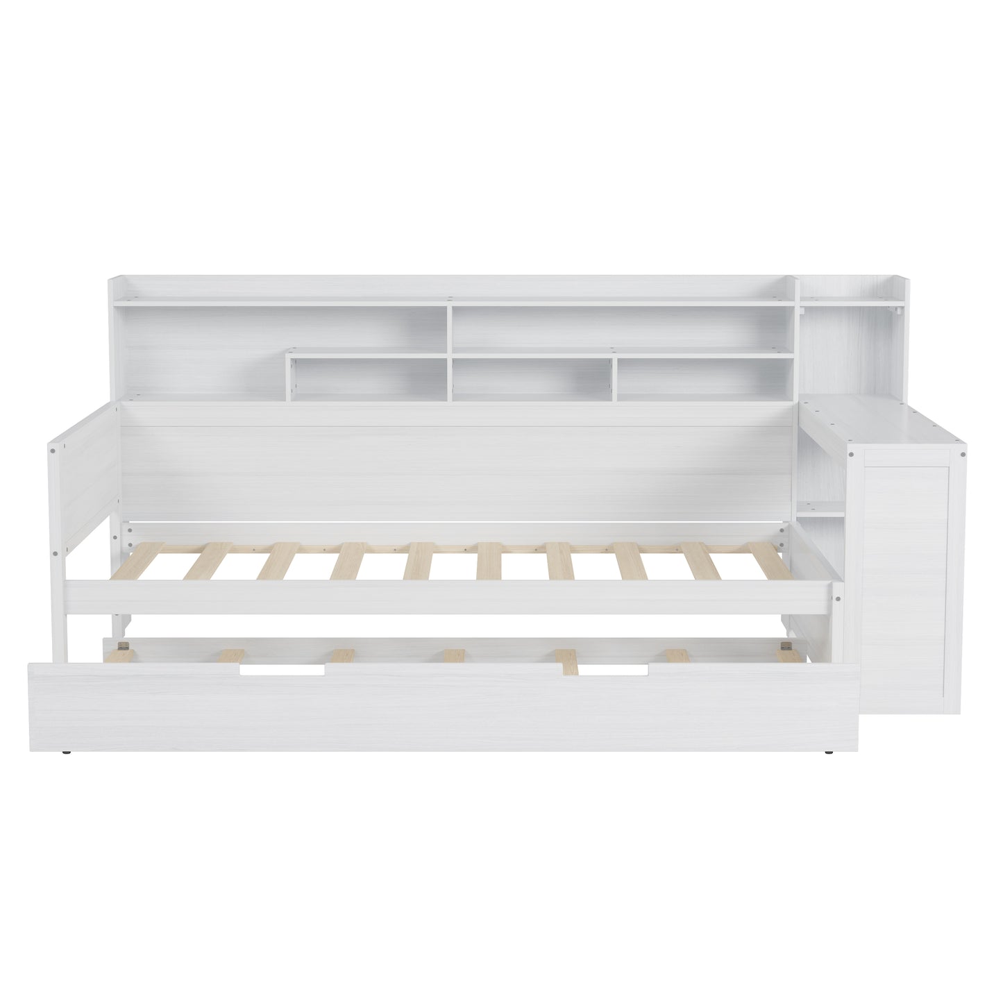 Wooden Twin Size Daybed With Storage Shelves, Multi-functional Bed With Twin Size Trundle Bed And  Study Desk, Antique White