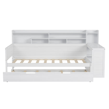 Wooden Twin Size Daybed With Storage Shelves, Multi-functional Bed With Twin Size Trundle Bed And  Study Desk, Antique White