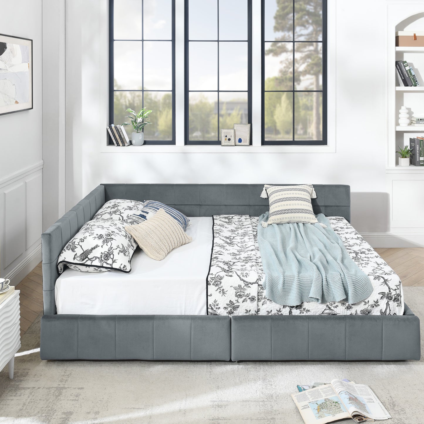 Queen Size Storage Upholstered Tufted Bed Frame, Sofa Bed Frame With Comfortable Backrest And Armrests,Queen Size Bed For Bedroom, Living Room,Velvet, Grey 85.5x64.5x29.5