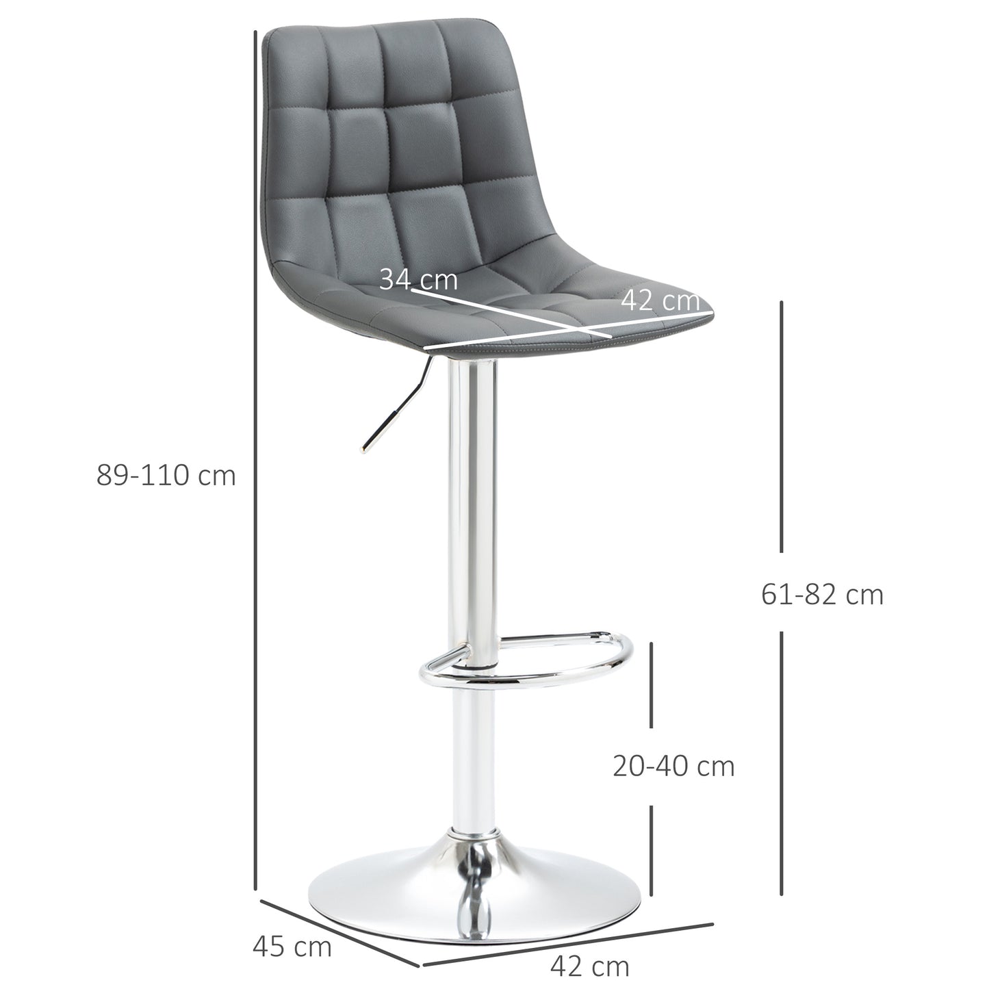Adjustable Bar Stools Set Of 2, Swivel PU Leather Upholstered Barstools With Tufted Seat And Back, Breakfast Bar Chairs For Kitchen Counter, Grey