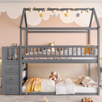 TWIN TWIN HOUSE BUNK BED WITH SHELVES AND DRAWERS FOR GREY COLOR