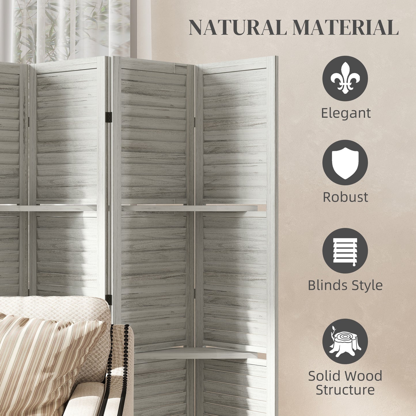 6 Panel 67" Tall Wood Privacy Screen Room Divider with 3 Shelves and Folding Storage for Bedroom, White