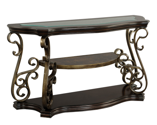 Sofa Table, Glass Table Top, MDF W Marble Paper Middle Shelf, Powder Coat Finish Metal Legs. 54Lx20Wx30H