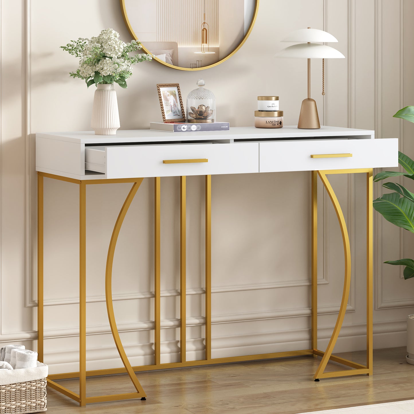 Console Table, Hallway Table With 2 Drawers, Light Luxury Style Side Table, Sofa Table, 110x32x85 Cm, White Gold