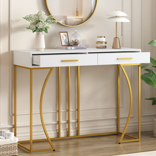 Console Table, Hallway Table With 2 Drawers, Light Luxury Style Side Table, Sofa Table, 110x32x85 Cm, White Gold