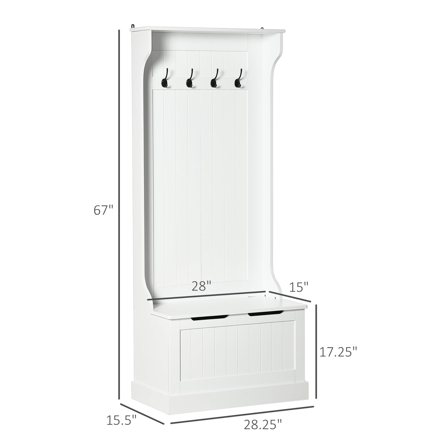 Hall Tree with Coat Rack, Storage, and Sitting Bench, White