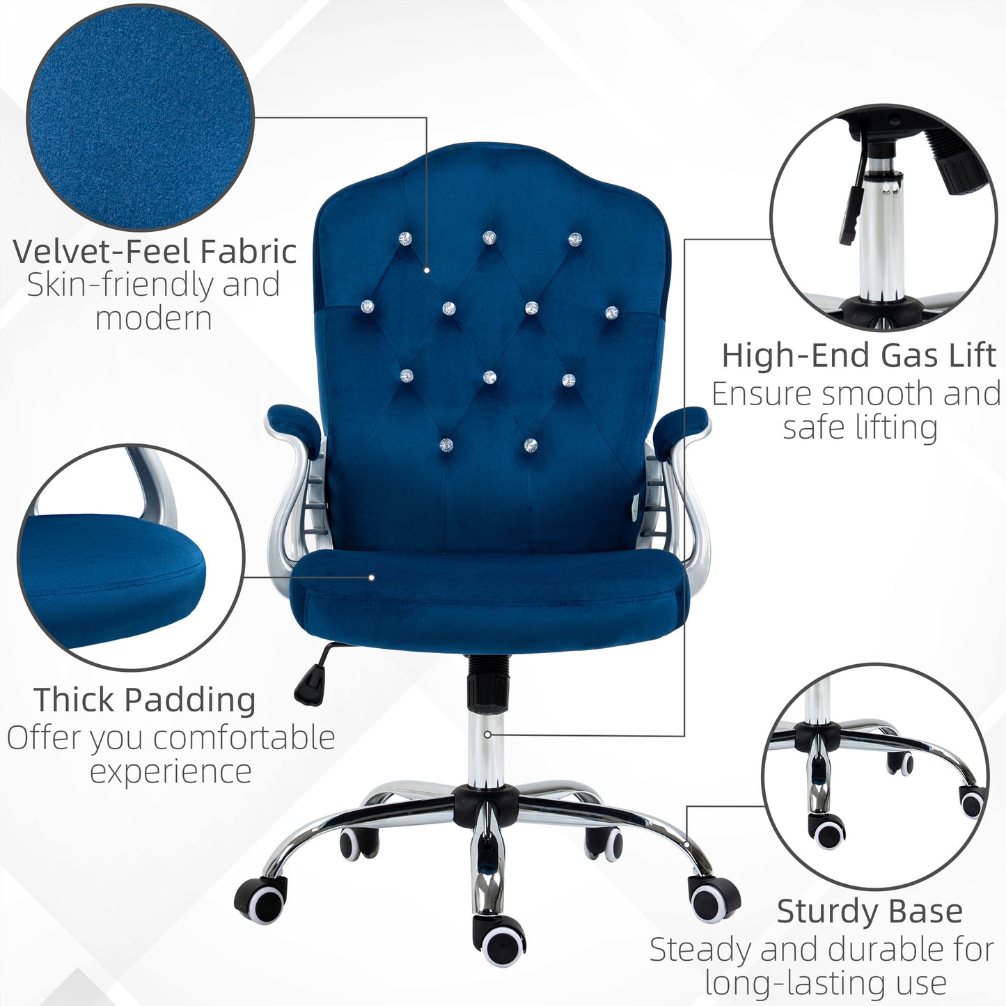 Velvet Office Chair Desk Chair with 360 Degree Swivel Wheels Adjustable Height Tilt Function Blue