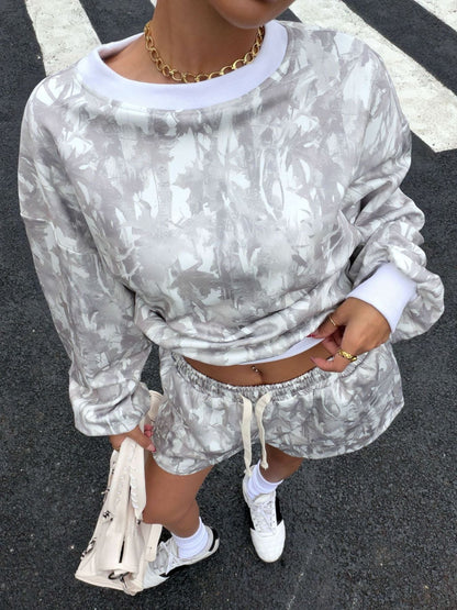 Round Neck Long Sleeve Top & Shorts Set