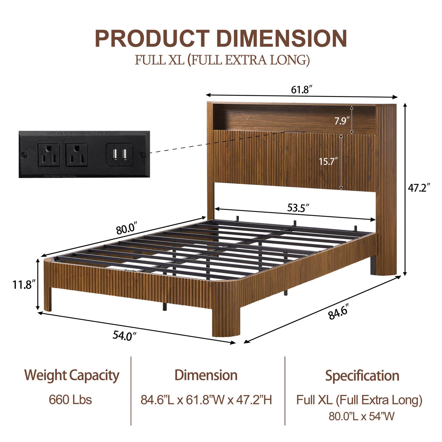 Full Extra Long Full XL  Size Bed Frame With Storage Headboard, Built-in Charging Station, Wavy Curved Lines Design, Silent Operation, Metal Support, Walnut