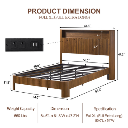 Full Extra Long Full XL  Size Bed Frame With Storage Headboard, Built-in Charging Station, Wavy Curved Lines Design, Silent Operation, Metal Support, Walnut