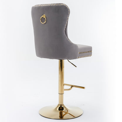 A&A Furniture,Thick Golden Swivel Velvet Barstools Adjusatble Seat Height From 25-33 Inch, Modern Upholstered Bar Stools With Backs Comfortable Tufted For Home Pub And Kitchen Island Gray,Set Of 2