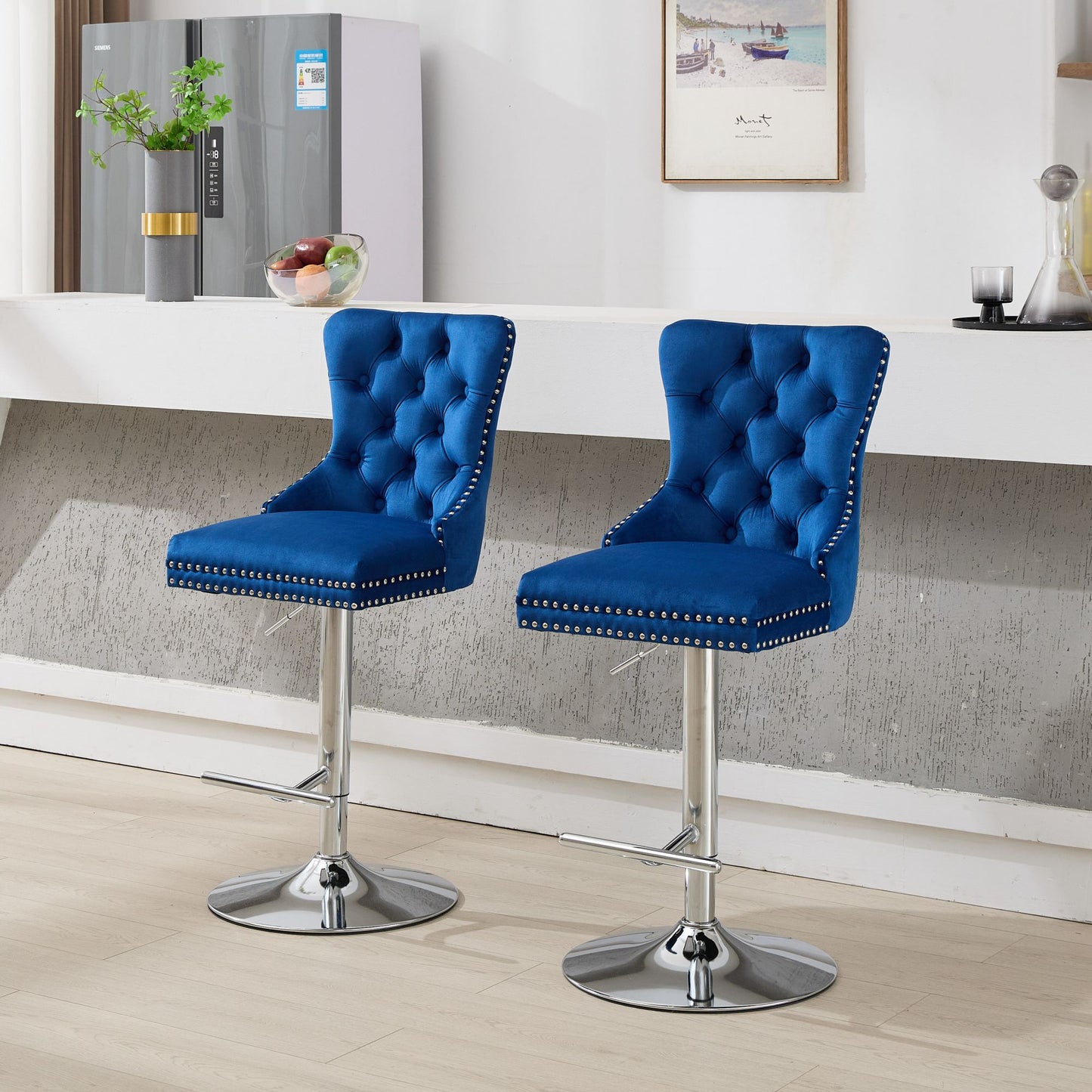 Thick Chrome Swivel Velvet Barstools,Adjustable 25-33 Height,Modern Upholstered With17.7 Base,Tufted Buttons&Diamond Pleating,Sponge&Spring Seat,for Home Pub&Kitchen Island Blue, Set Of 2