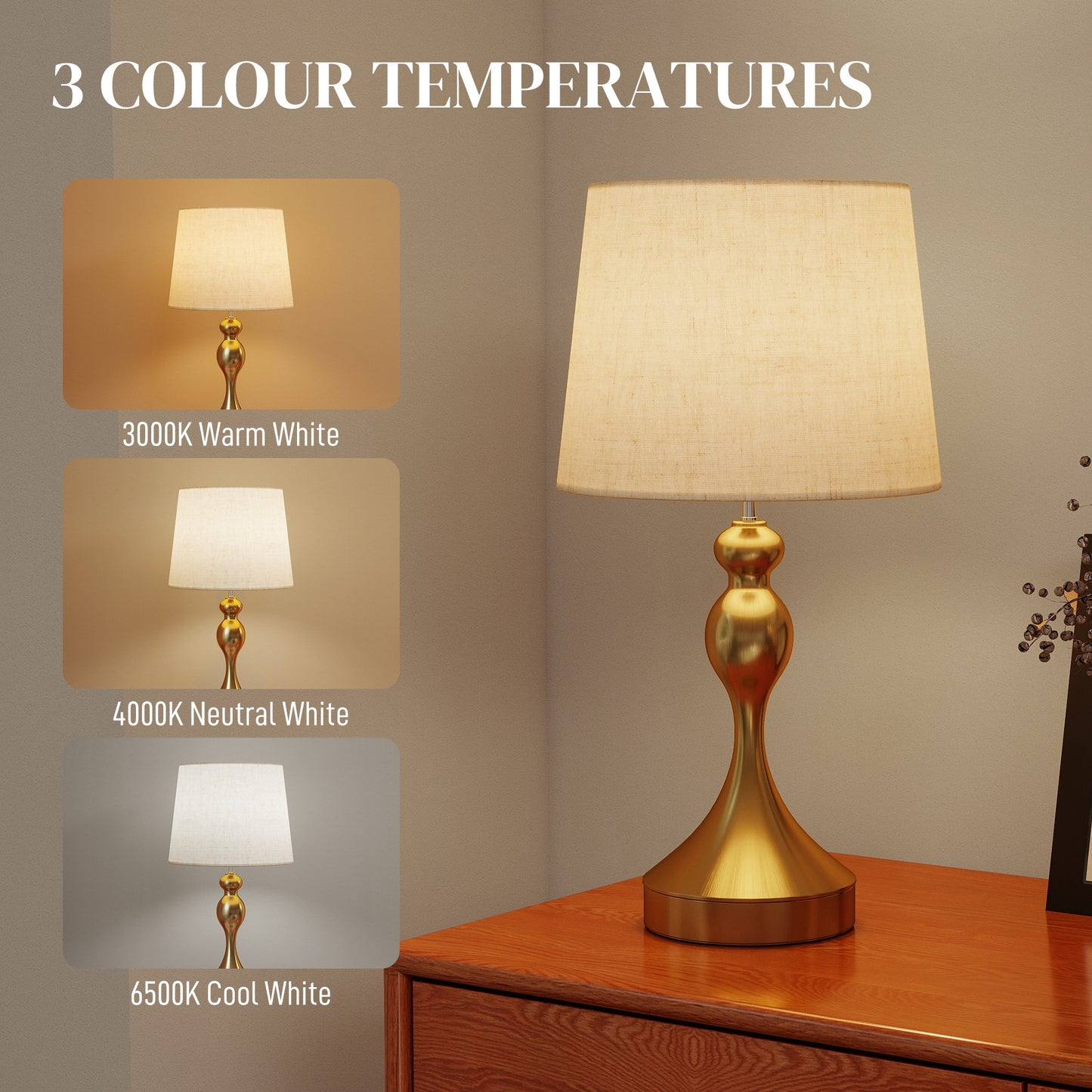 Bedside Lamps Set Of 2, Modern Table Lamps With 3 Colour Temperatures, USB A+C Charging Ports And Linen Shade For Living Room Bedroom Office, Gold Tone