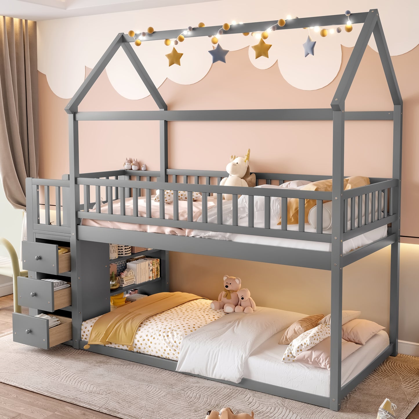 TWIN TWIN HOUSE BUNK BED WITH SHELVES AND DRAWERS FOR GREY COLOR
