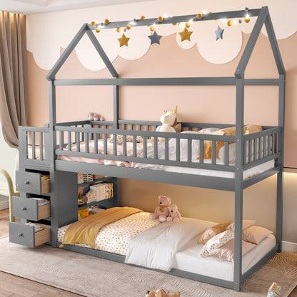 TWIN TWIN HOUSE BUNK BED WITH SHELVES AND DRAWERS FOR GREY COLOR