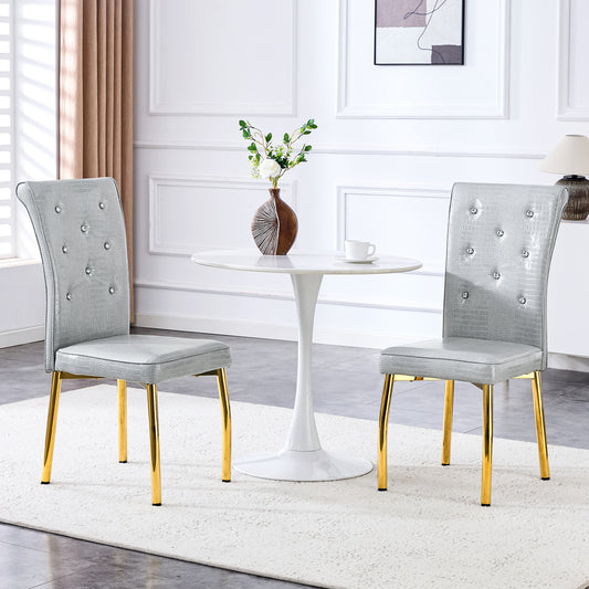A Set Of 2 Gray And Gold Vintage Crocodile Leather Cushioned Dining Chairs, Featuring Crystal Clasp Design And Artificial Leather Design, Adding A Touch Of Elegance And Mystery To The Dining Area